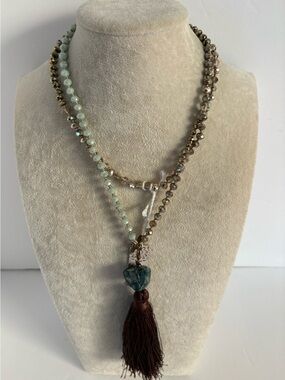 Long Tassel Necklace Stone-Look Pendant Aqua Champagne Glass Bead Boho NWT